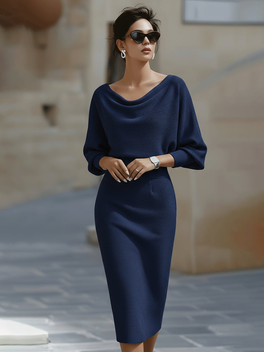Womens midi sweater dress in Navy Blue, cowl neck and batwing sleeves, front view