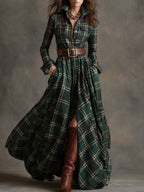 Womens plaid maxi shirt dress in Green, full length, styled with a belt and boots