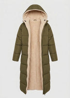 Womens long puffer coat in Olive, open front showing the sherpa lining
