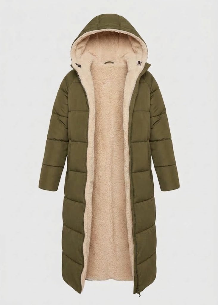 Womens long puffer coat in Olive, open front showing the sherpa lining