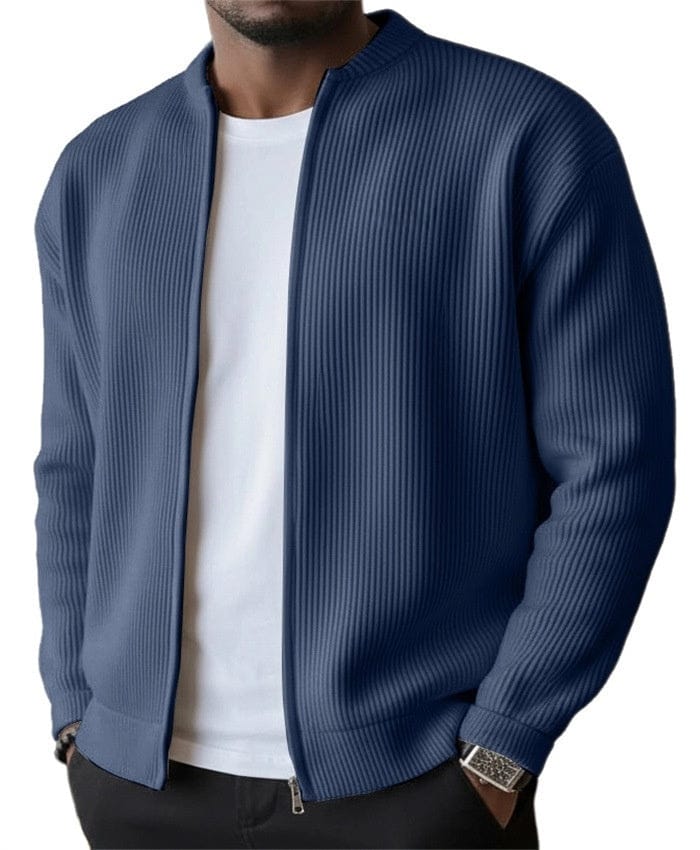 Mens zip up cardigan in rib knit in Navy, worn open over a white tee