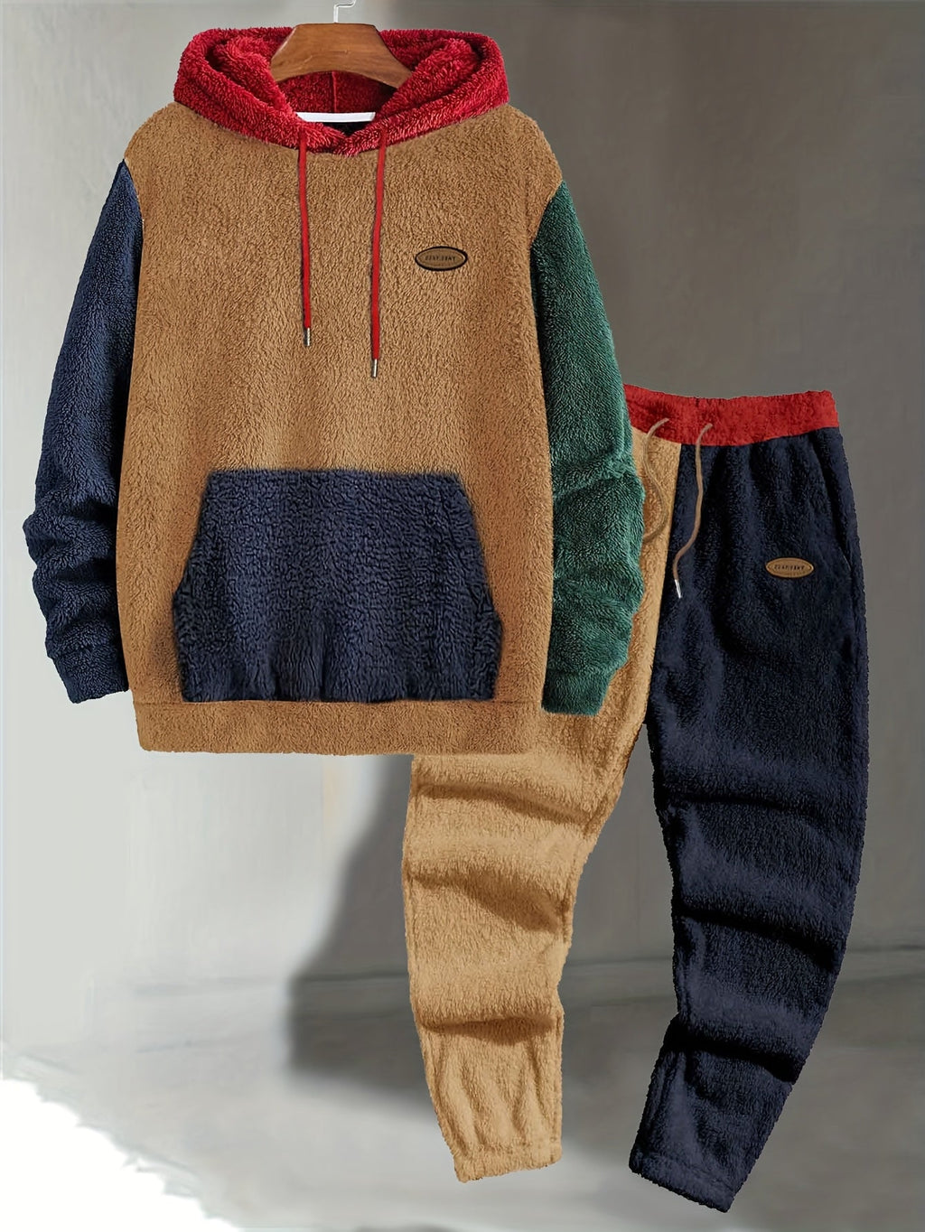 Mens sherpa fleece tracksuit in Camel, hoodie and joggers, front with red hood