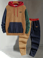 Mens sherpa fleece tracksuit in Camel, hoodie and joggers, front with red hood