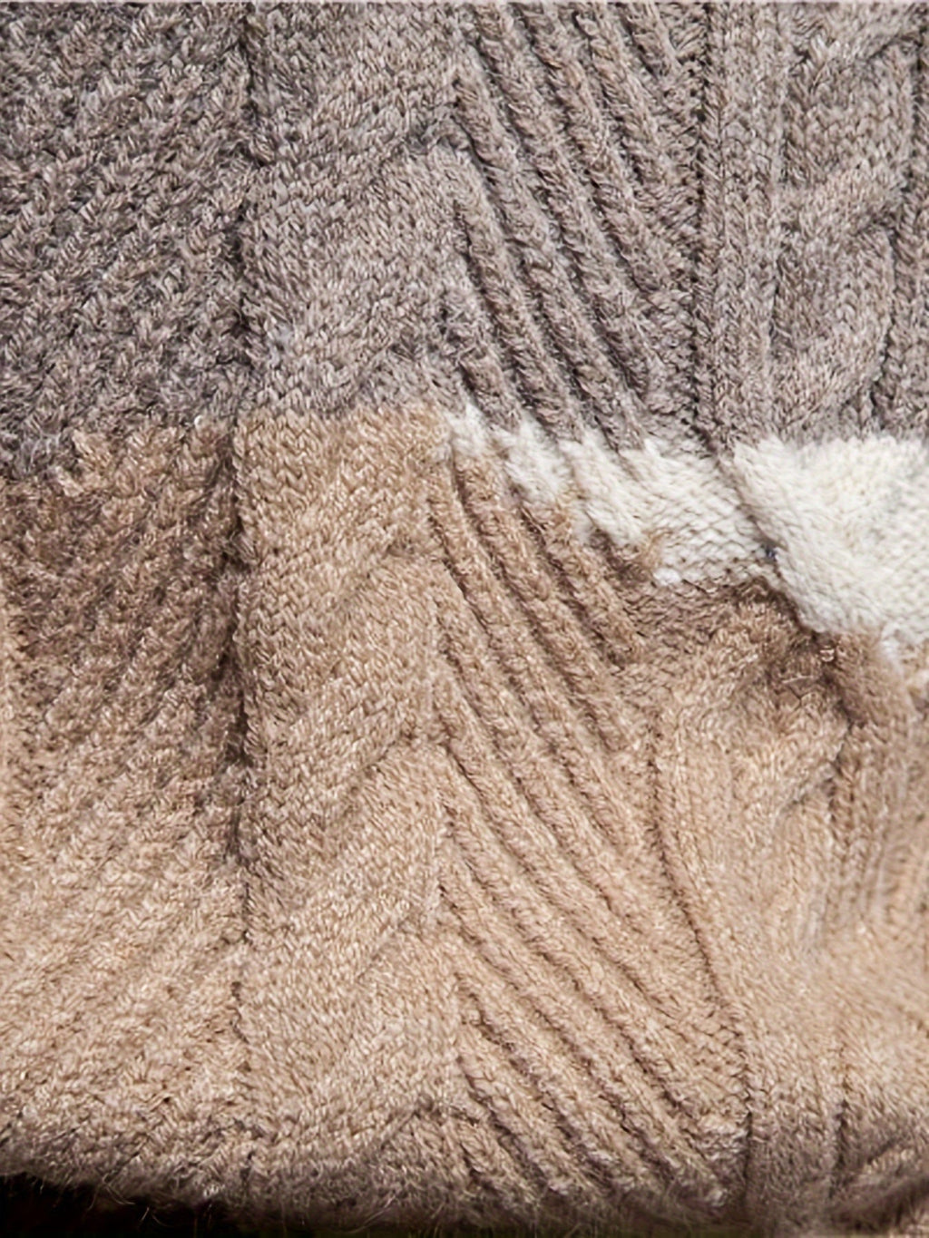 Mens cable knit sweater in Cream, close-up of the cables and stripes