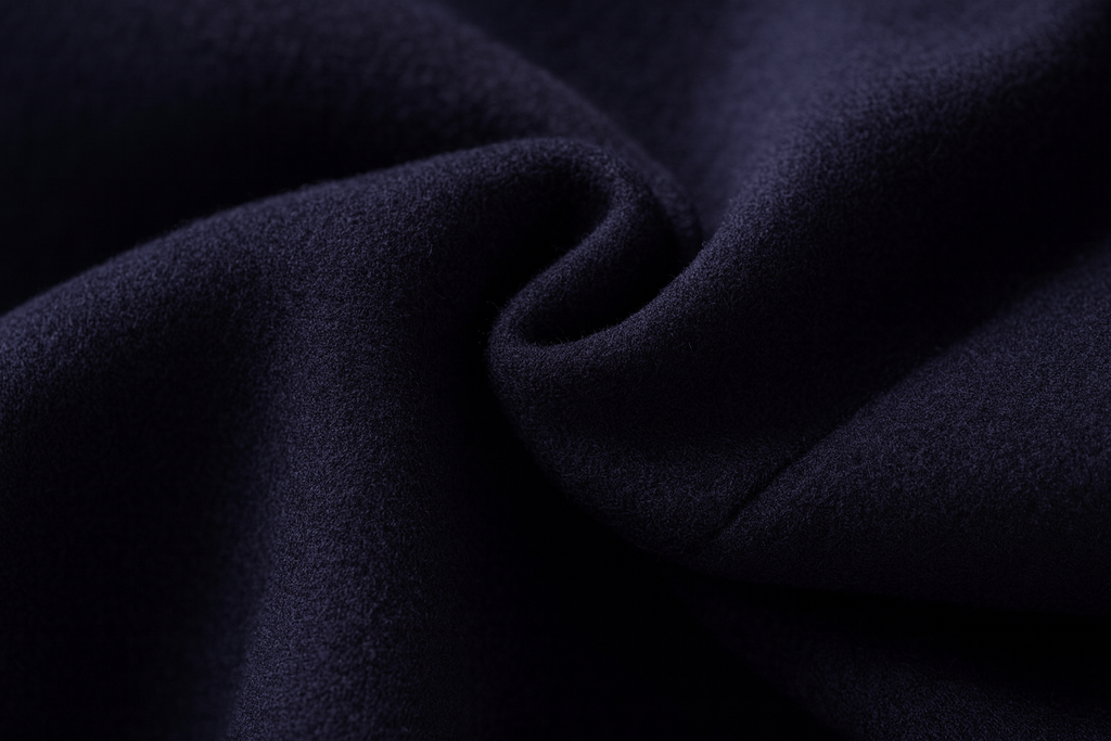 Mens overcoat in Navy, close-up of the fabric