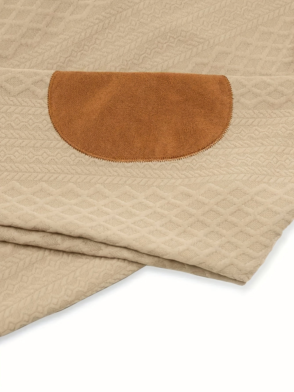 Mens mock neck sweater in Khaki, brown elbow patch close-up