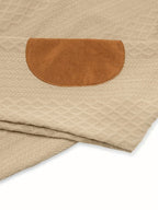 Mens mock neck sweater in Khaki, brown elbow patch close-up