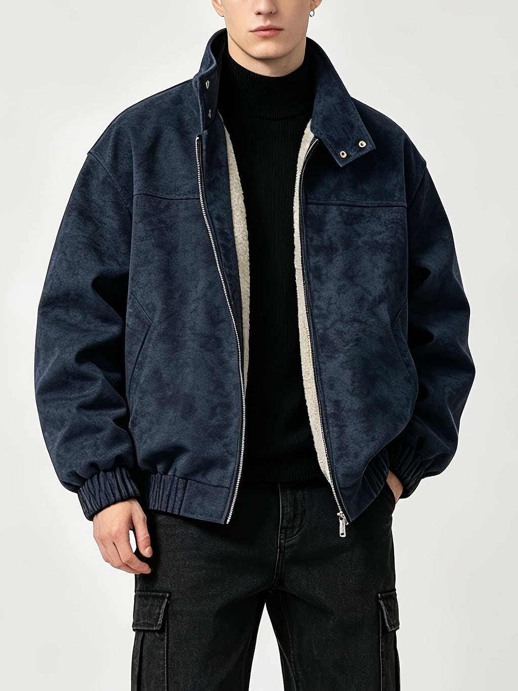 Fleece Lining Suede Work Jacket with Stand Collar