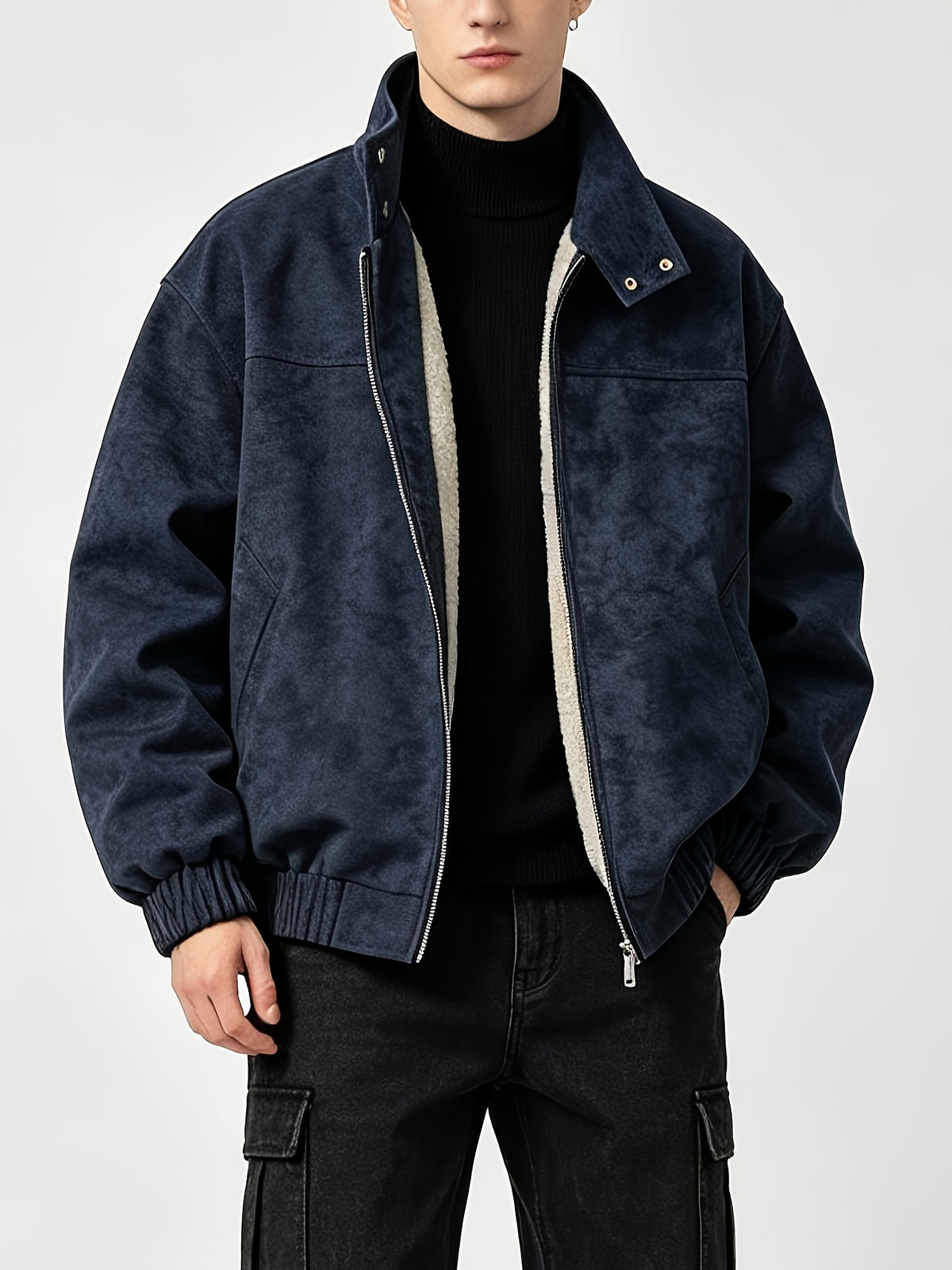 Fleece Lining Suede Work Jacket with Stand Collar