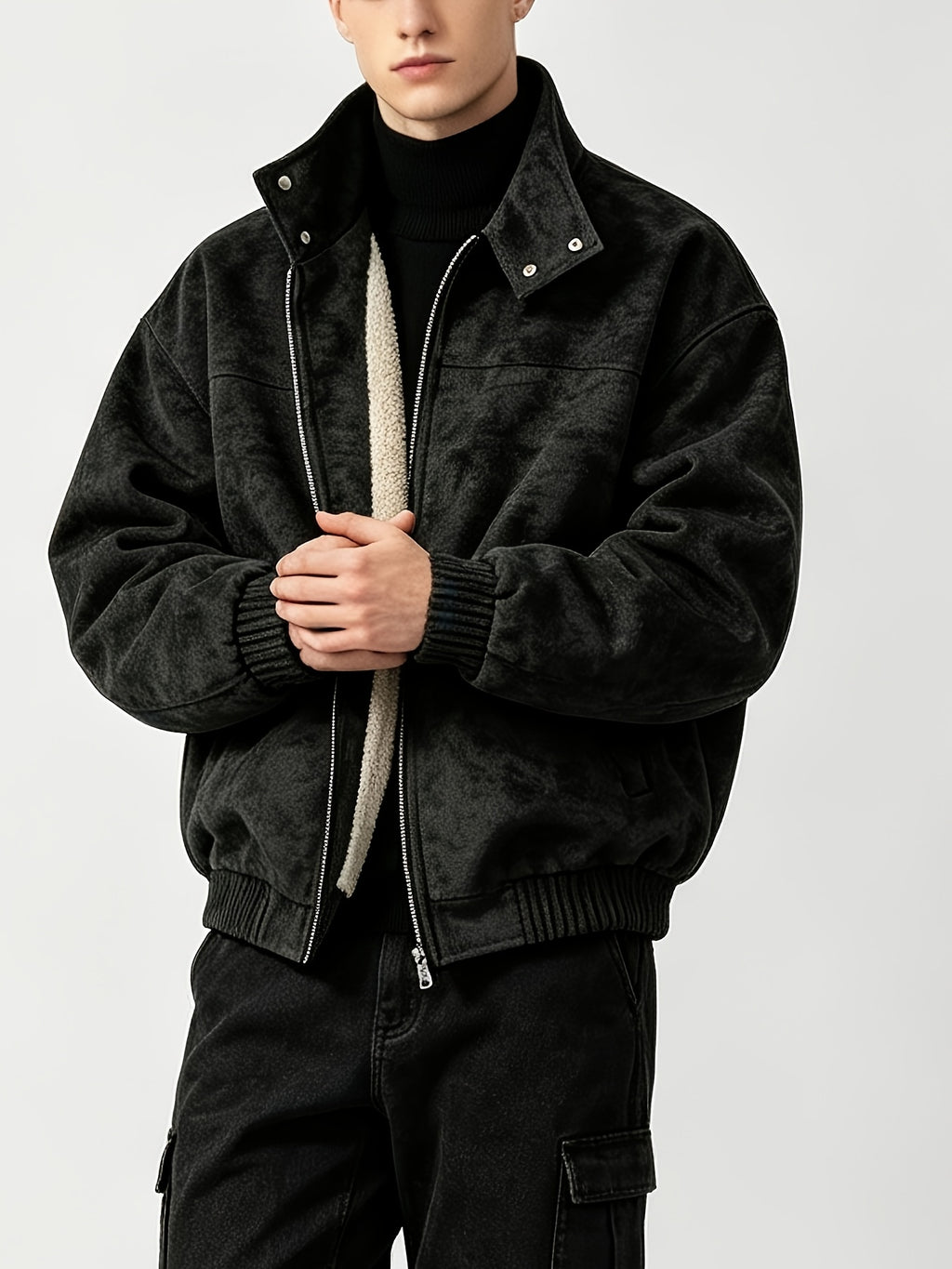 Fleece Lining Suede Work Jacket with Stand Collar
