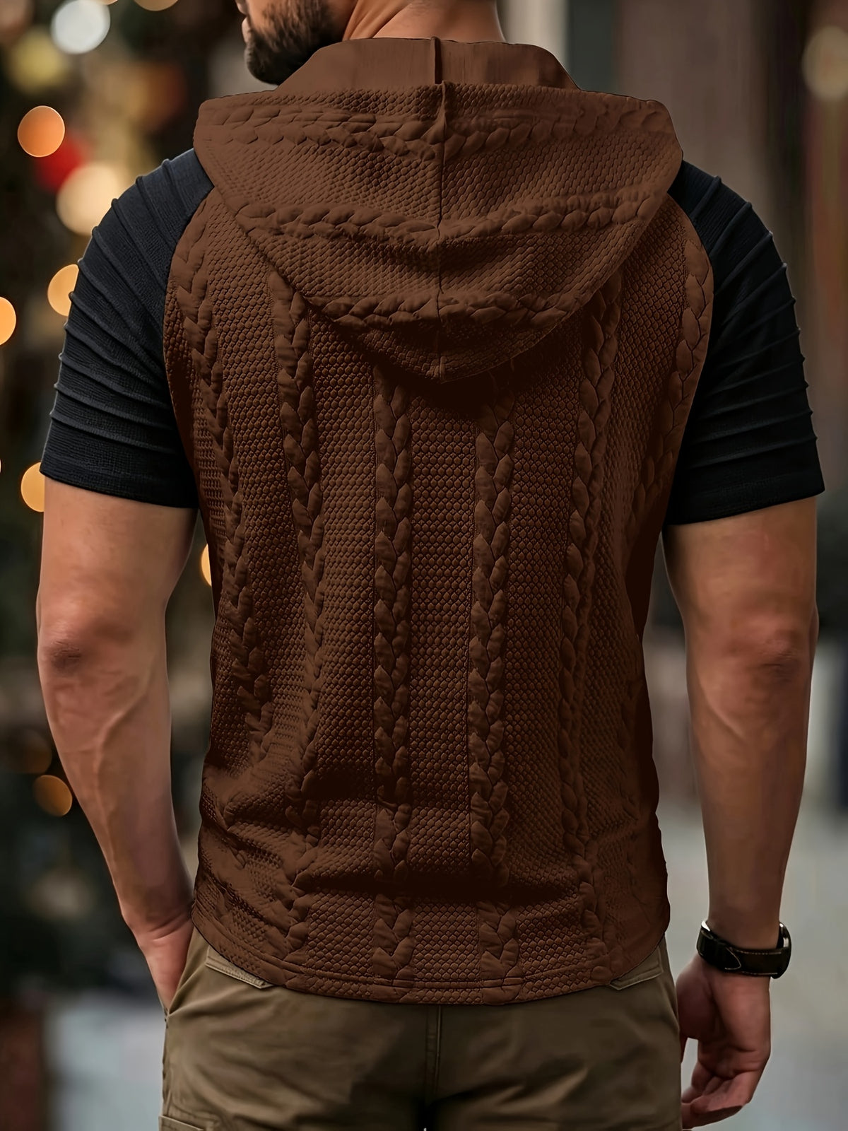 Brown Short Sleeve Knit Hoodie for men, view 10