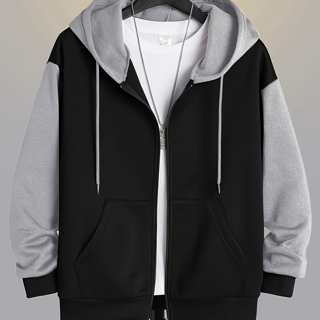 Mens zip up hoodie in Gray with black body, worn open over a white tee