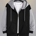 Mens zip up hoodie in Gray with black body, worn open over a white tee