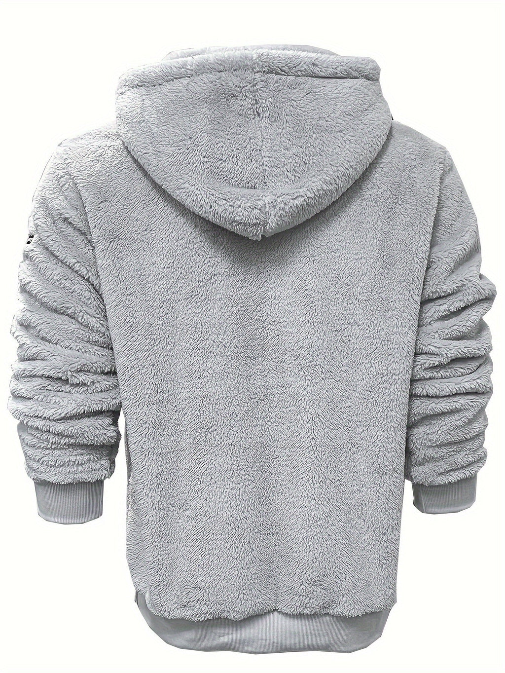 Mens sherpa hoodie in Gray, back view with hood