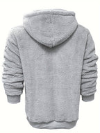 Mens sherpa hoodie in Gray, back view with hood