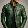Four Zip Pockets Leather Jacket with Stand Collar