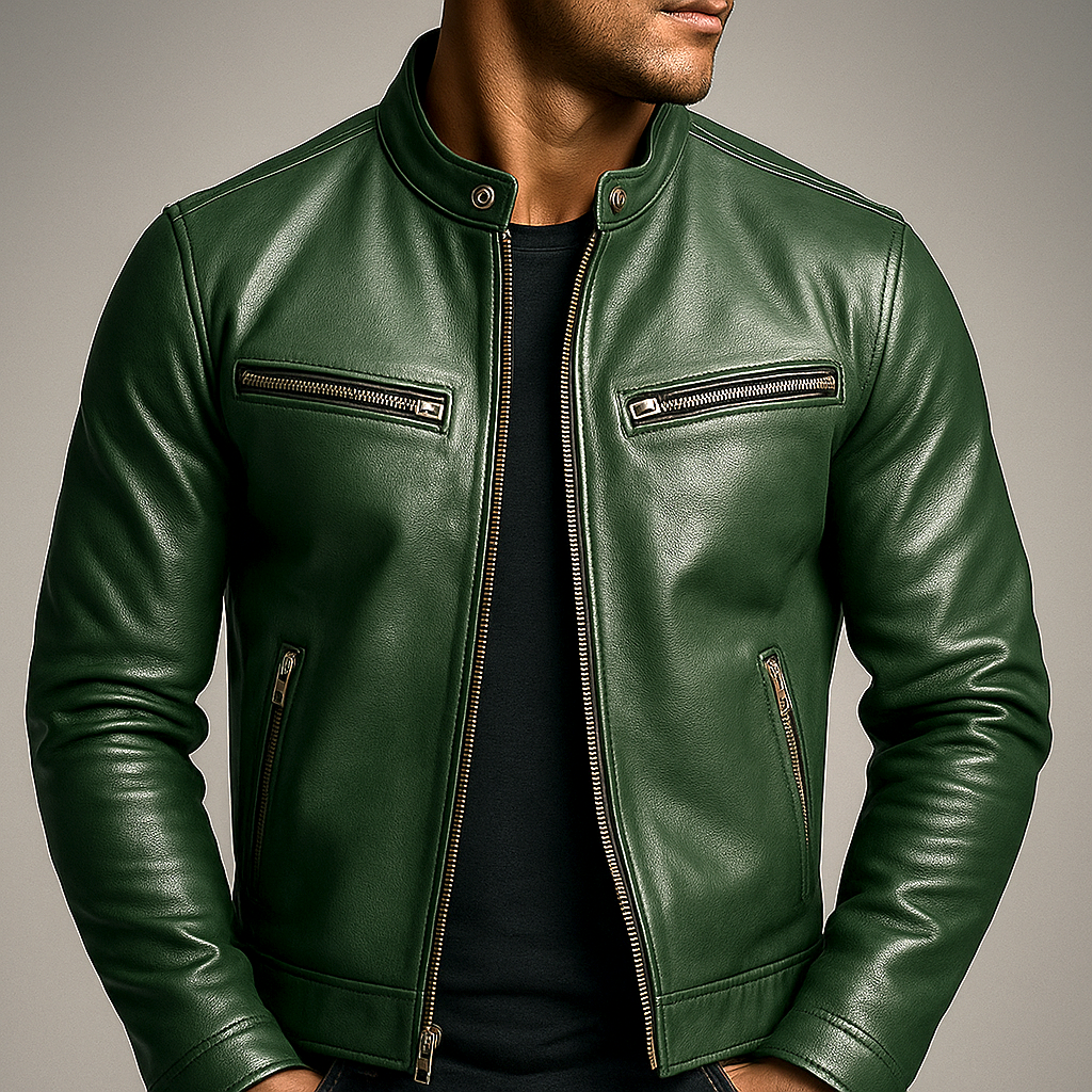 Four Zip Pockets Leather Jacket with Stand Collar