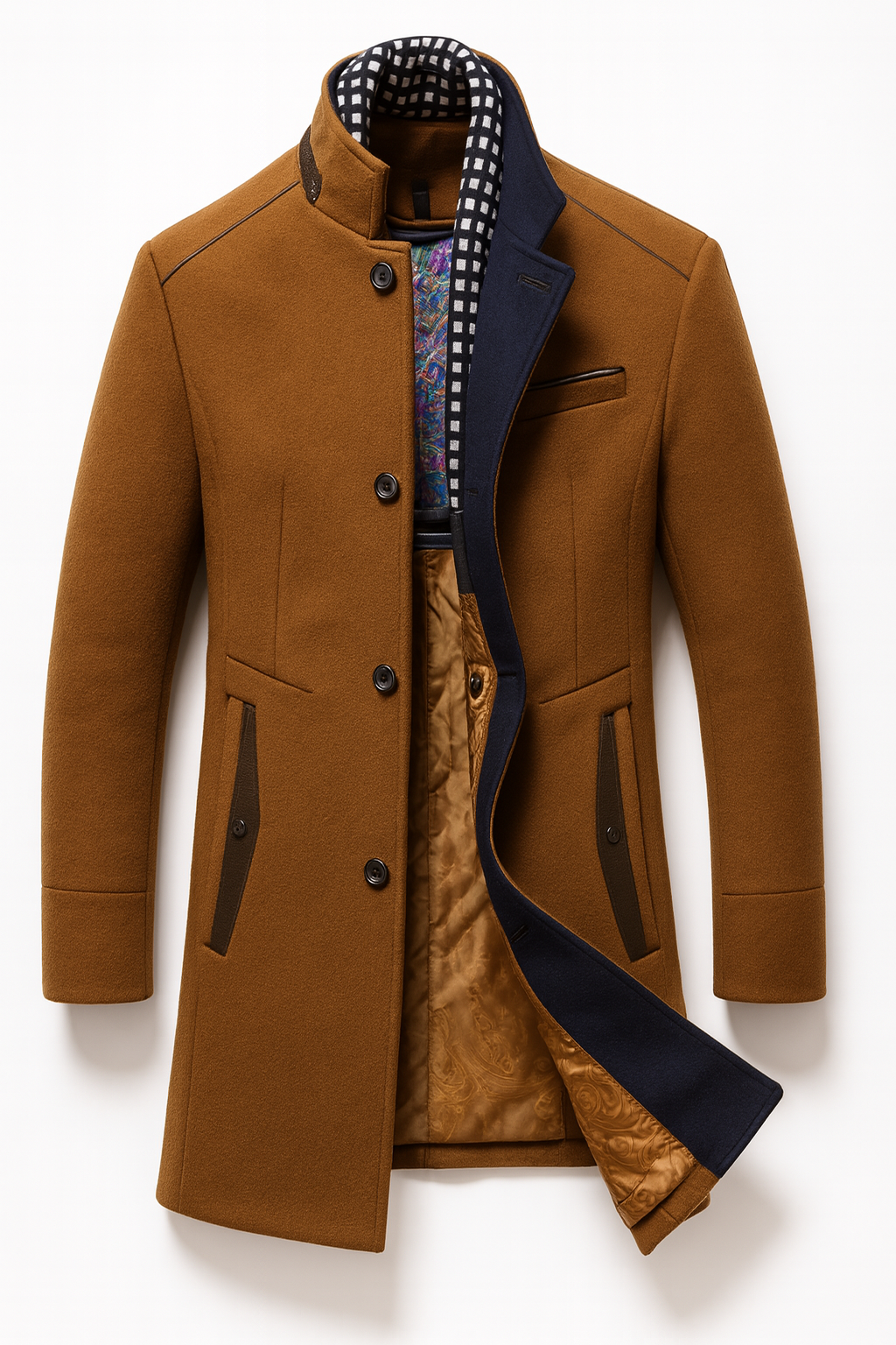 Mens overcoat in Camel, open front showing the quilted lining