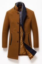 Mens overcoat in Camel, open front showing the quilted lining