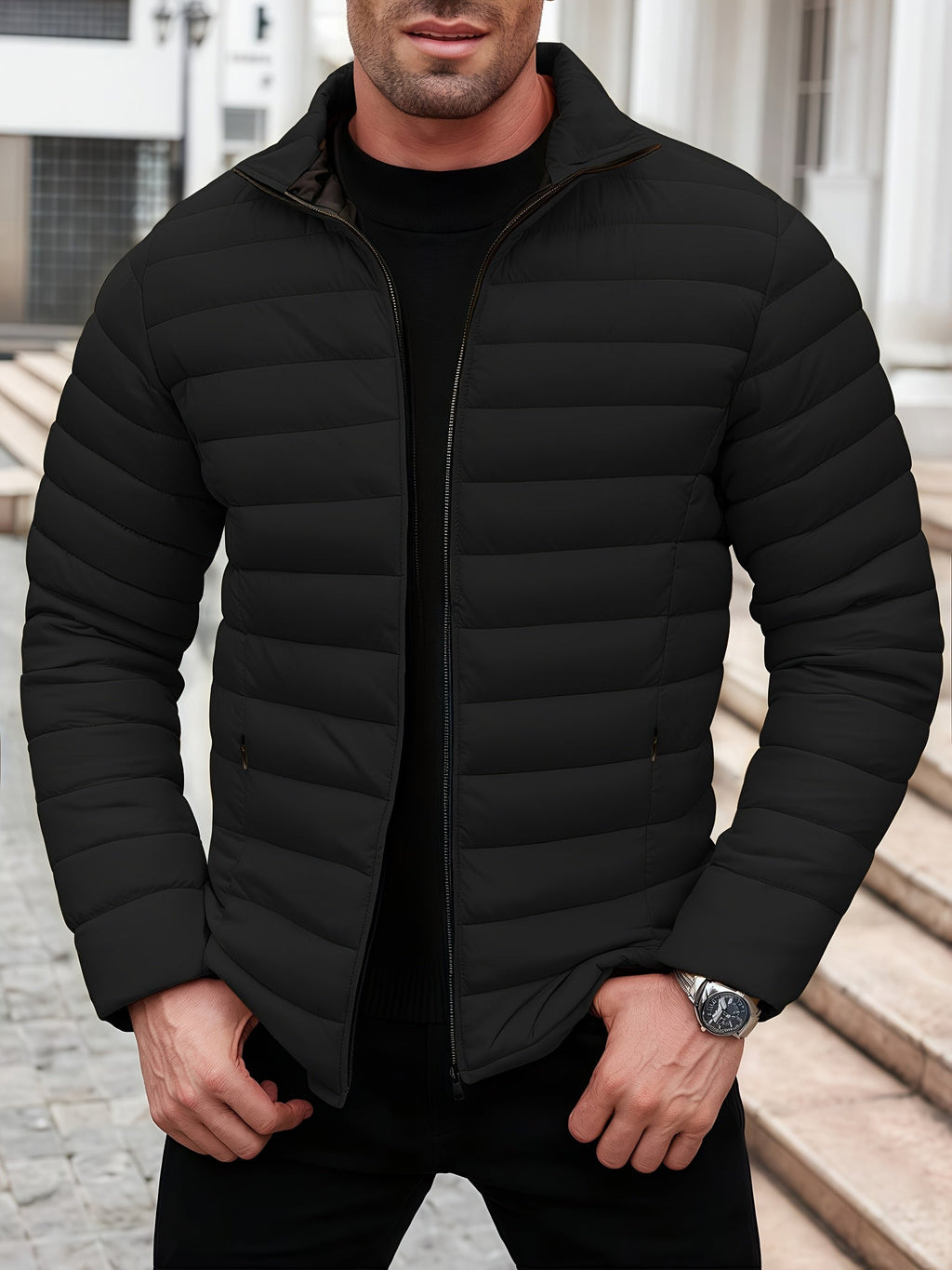 Lightweight Puffer Jacket for Men with Stand Collar