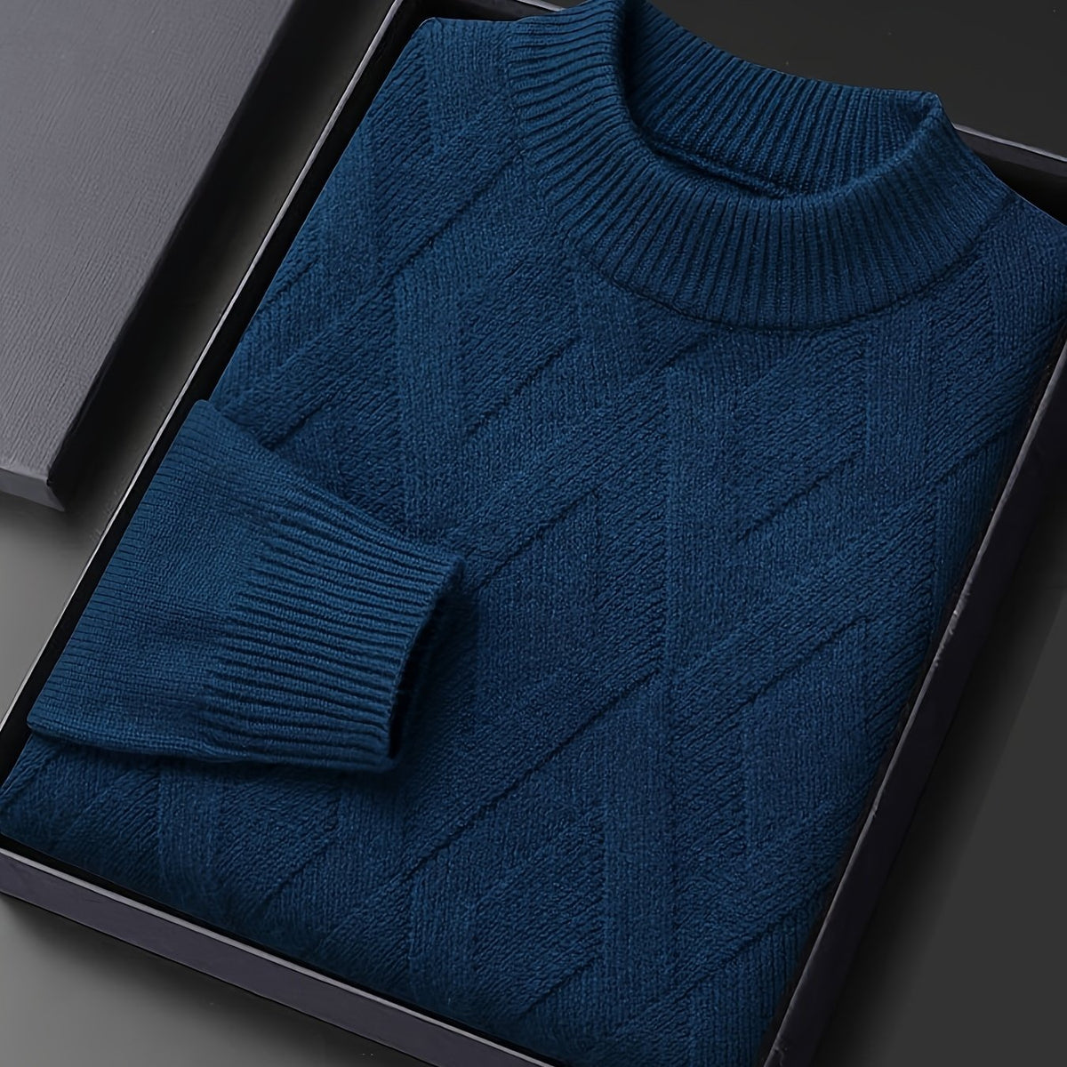 Teal Blue diamond Texture Mock Neck Sweater for Men