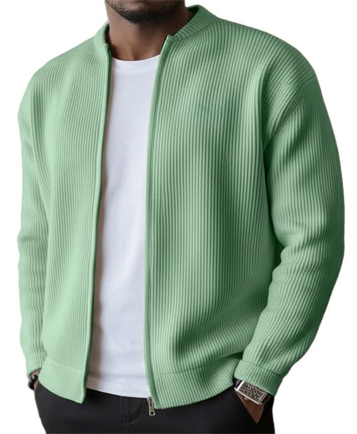 Mens zip up cardigan in rib knit in Sage, worn open over a white tee