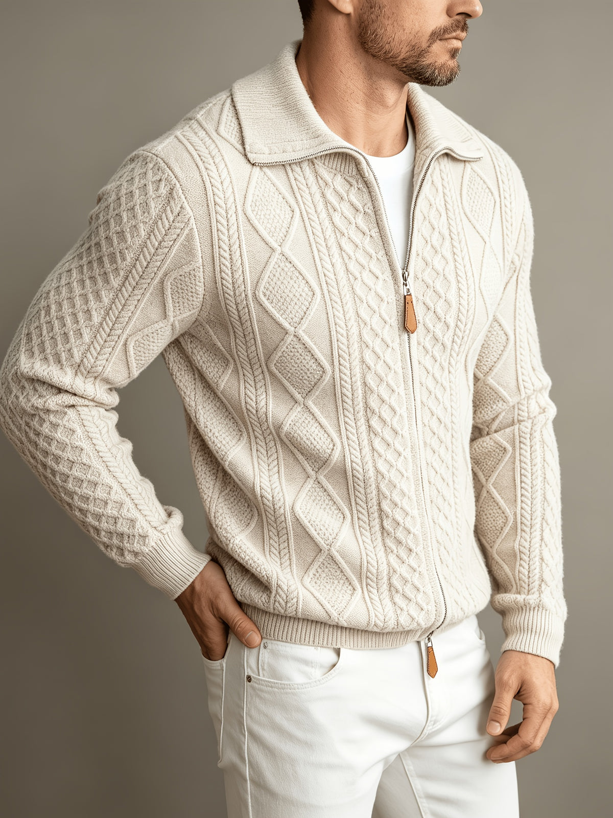 Spread Collar Cable Knit Sweater with Full Zip