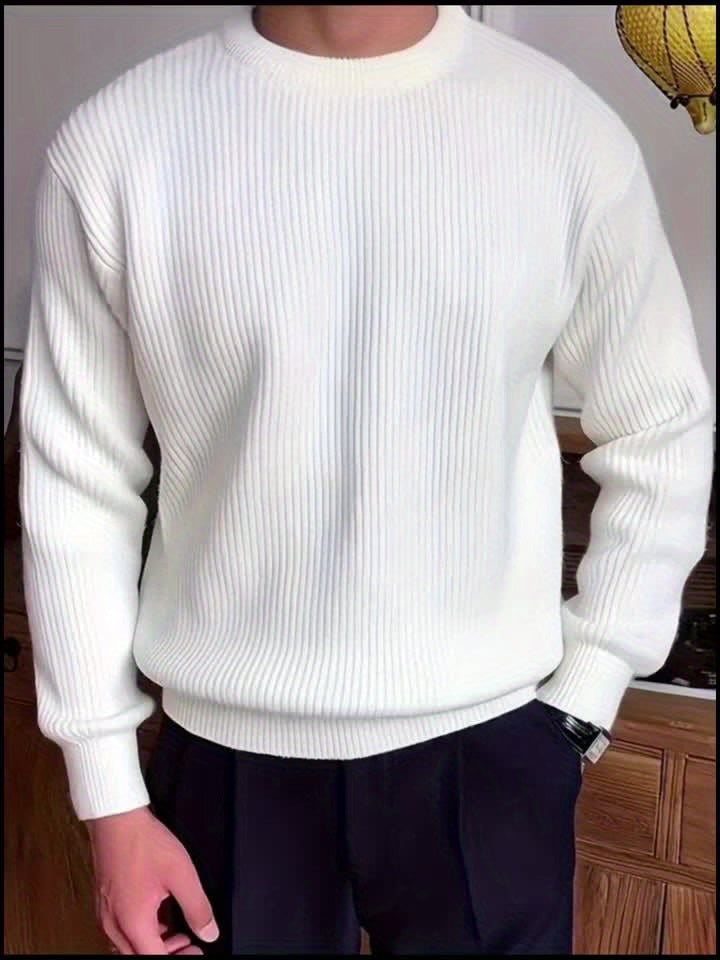White Crewneck Sweater with Ribbed Knit