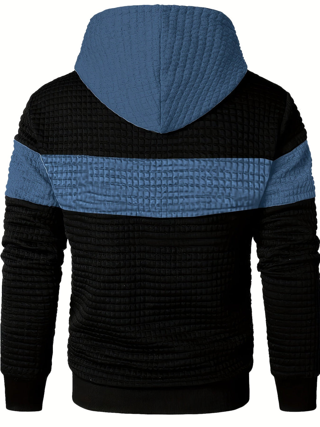Mens hoodie in Blue, back view with blue hood and stripe