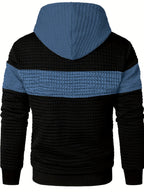 Mens hoodie in Blue, back view with blue hood and stripe