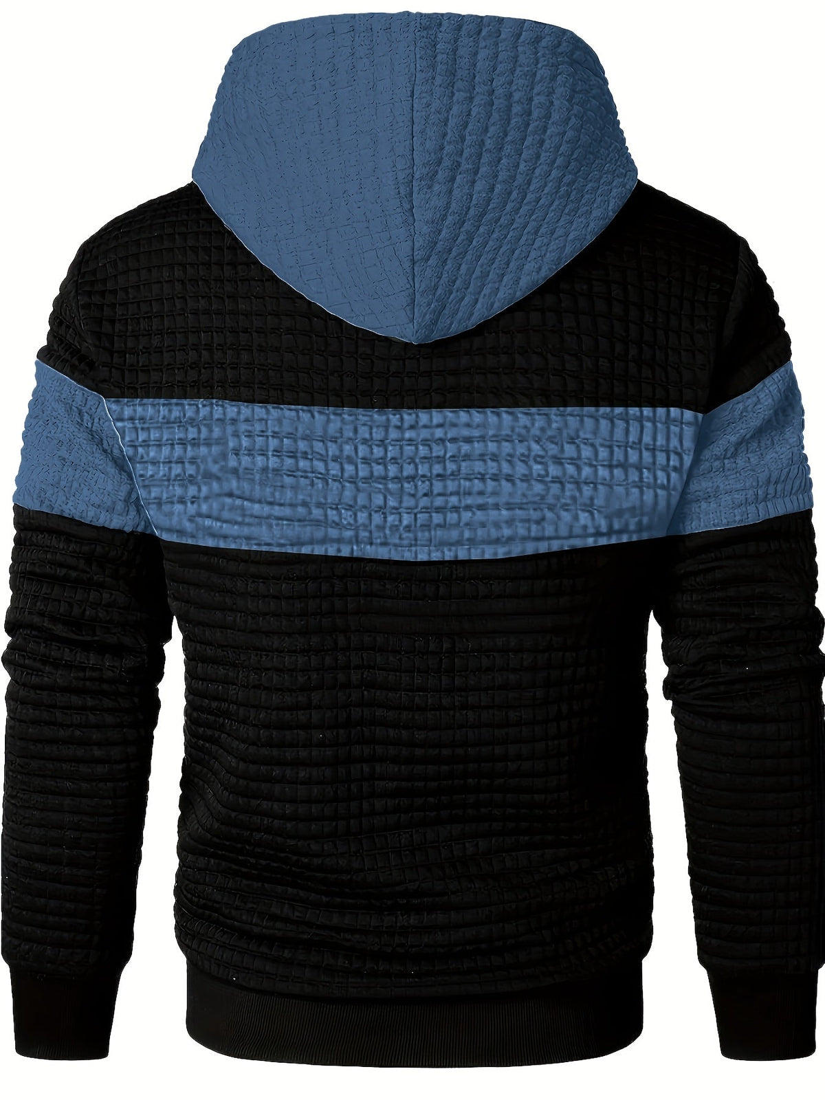 Mens hoodie in Blue, back view with blue hood and stripe