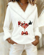 Womens Christmas sweater in White with faux fur V-neck and cuffs