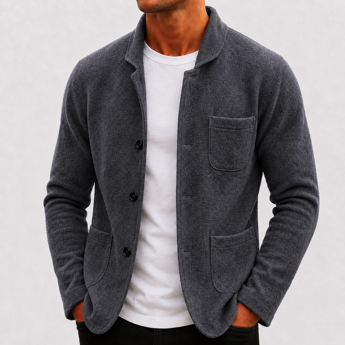Mens cardigan in Gray, front view on a model