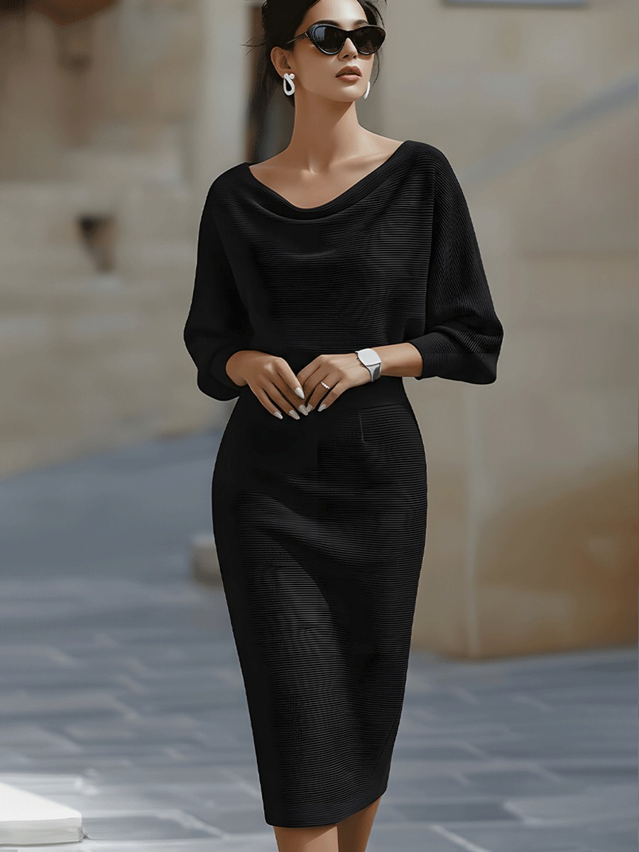 Womens midi sweater dress in Black, cowl neck and batwing sleeves, front view
