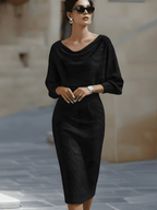 Womens midi sweater dress in Black, cowl neck and batwing sleeves, front view