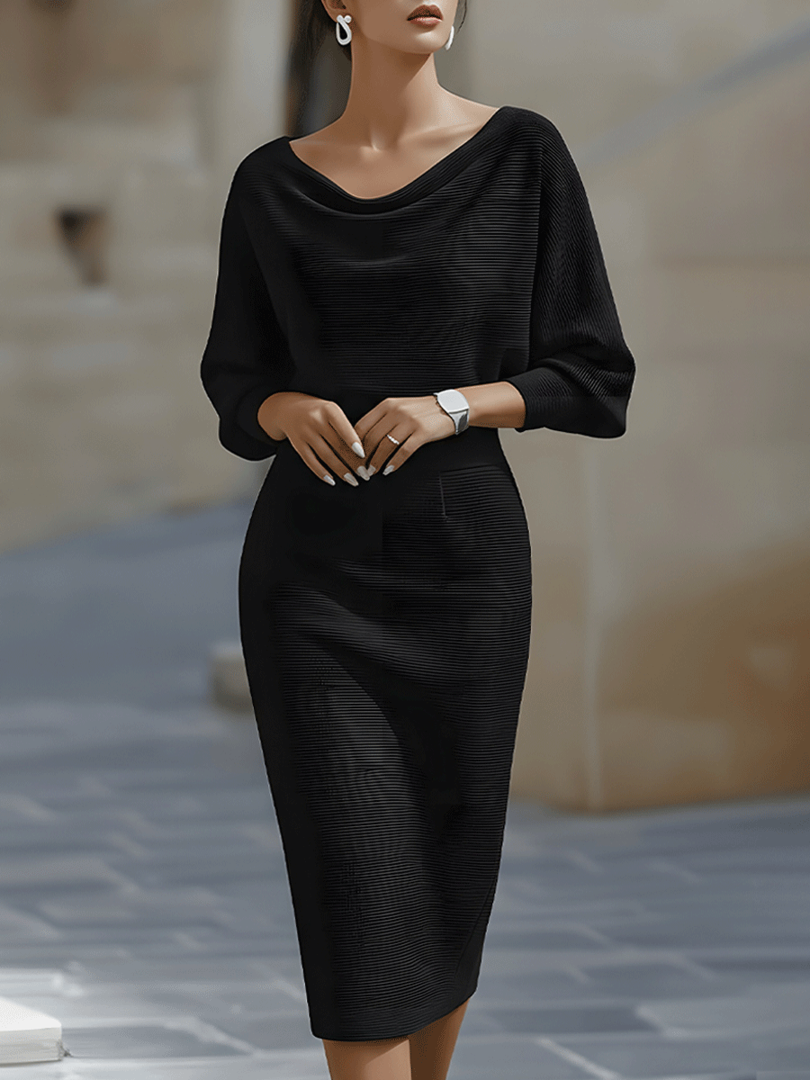Womens midi sweater dress in Black, cowl neck and batwing sleeves, front view