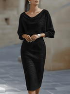 Womens midi sweater dress in Black, cowl neck and batwing sleeves, front view
