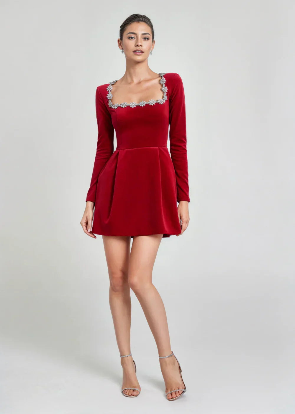 Womens velvet mini dress in Red, front view