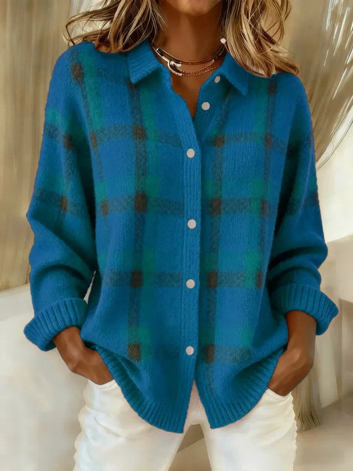 Womens cardigan in Blue, plaid, front view