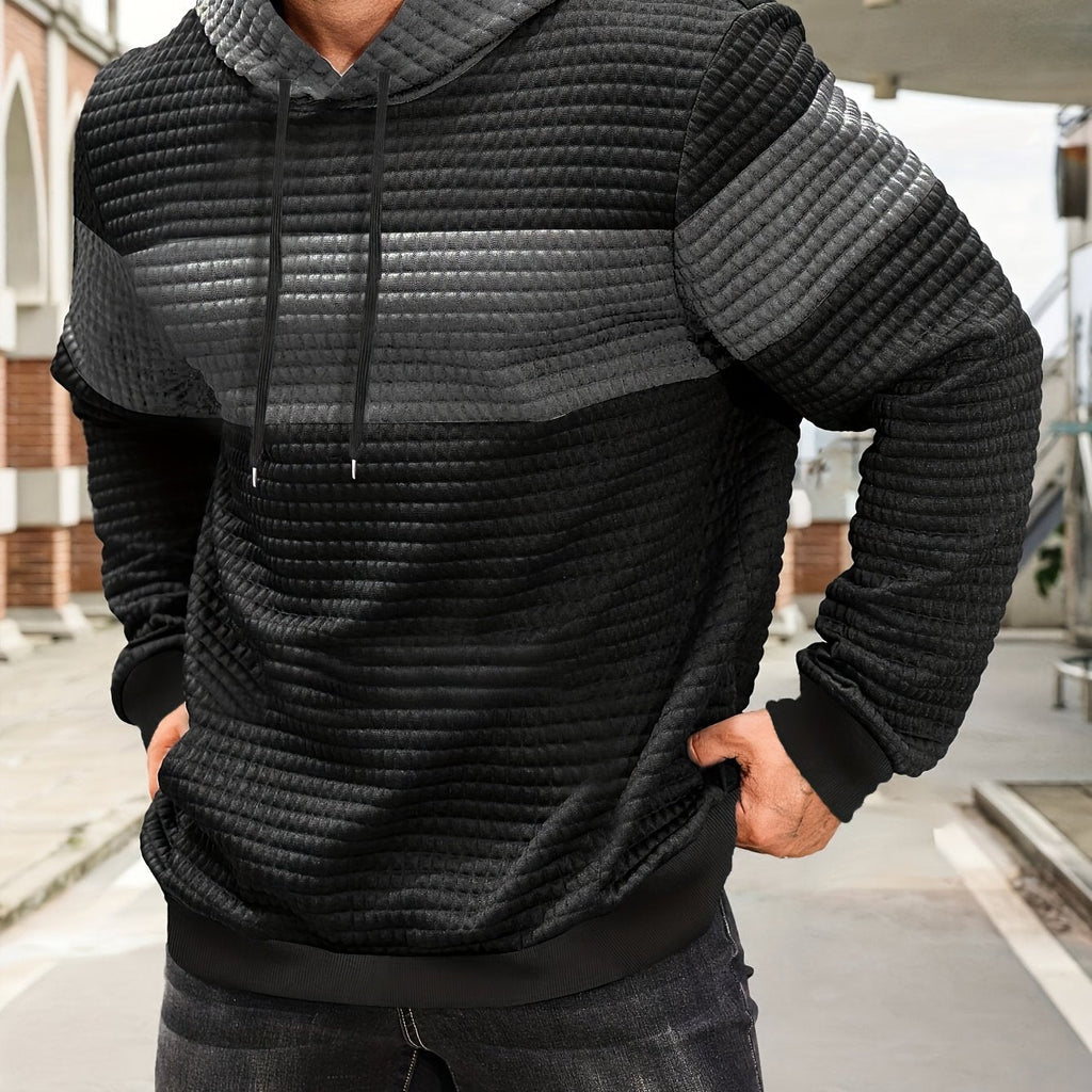 Mens hoodie in Gray with black body and gray chest stripe, worn