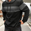 Mens hoodie in Gray with black body and gray chest stripe, worn