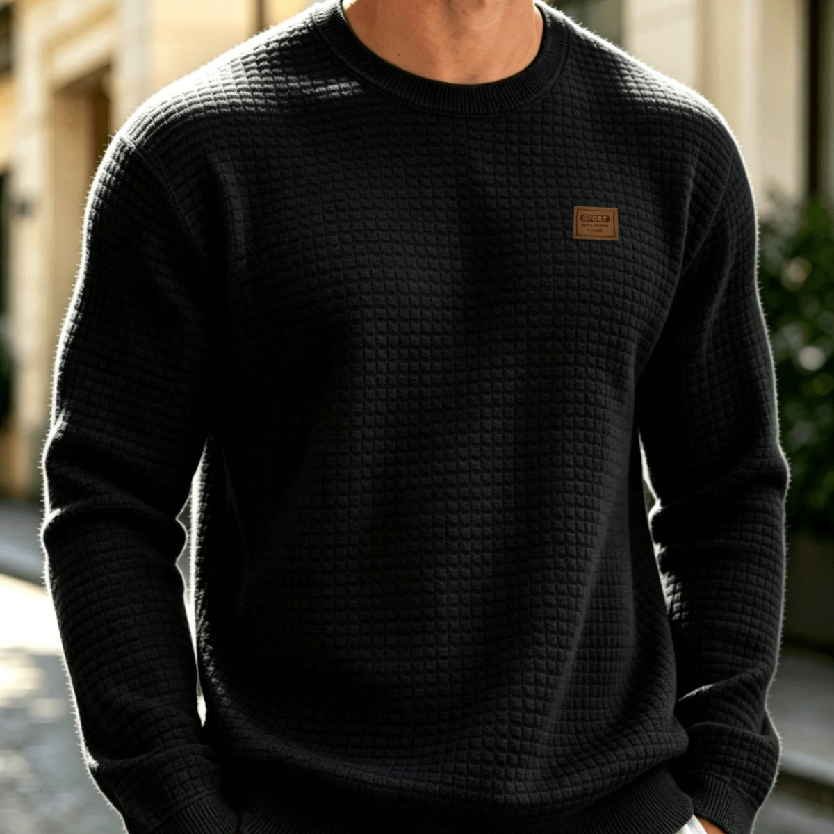 Leather Patch Crewneck Sweater with Waffle Texture