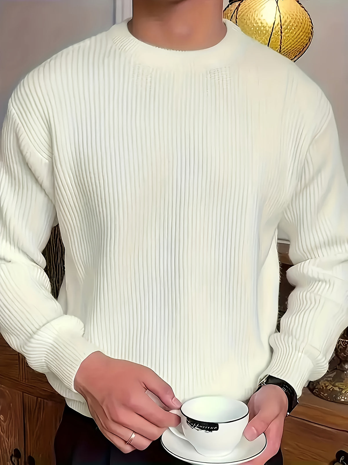 White Crewneck Sweater with Ribbed Knit