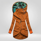 Womens zip up hoodie in Orange, long cut with leaf print lined hood and curved hem