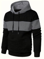 Mens hoodie in Gray with black body, chest stripe and gray hood, front view