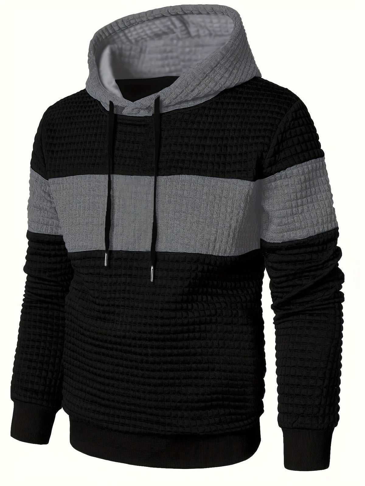 Mens hoodie in Gray with black body, chest stripe and gray hood, front view