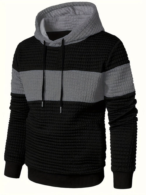 Mens hoodie in Gray with black body, chest stripe and gray hood, front view