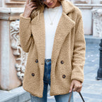 Womens teddy coat in Khaki, double-breasted with notched lapels, worn over jeans