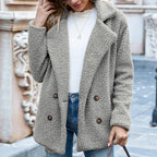 Womens teddy coat in Light Gray, double-breasted with notched lapels, worn over jeans