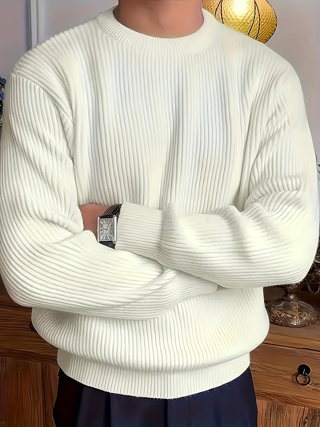 White Crewneck Sweater with Ribbed Knit